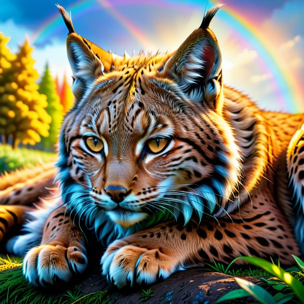 Image d'un sommeil d'un lynx sur l'arc-en-ciel