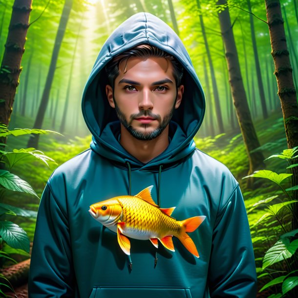 Photo of a carp in a hoodie in the forest