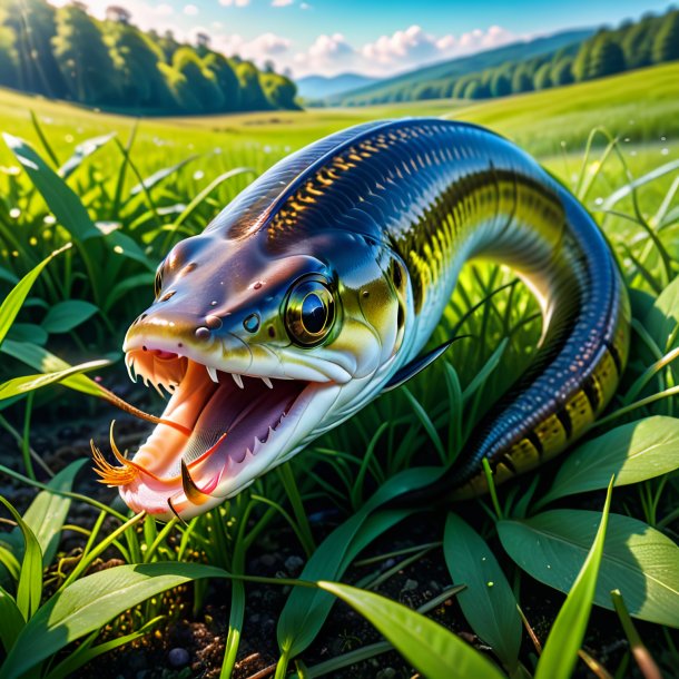 Picture of a eating of a eel in the meadow