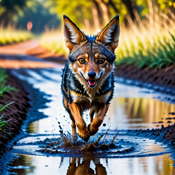 Pic of a jumping of a jackal in the puddle