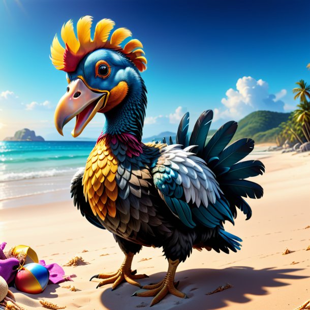 Illustration of a dodo in a gloves on the beach