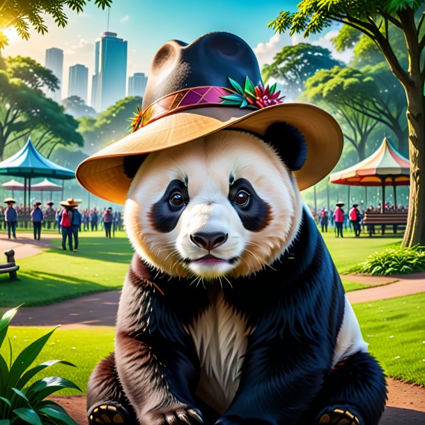 Illustration of a giant panda in a hat in the park