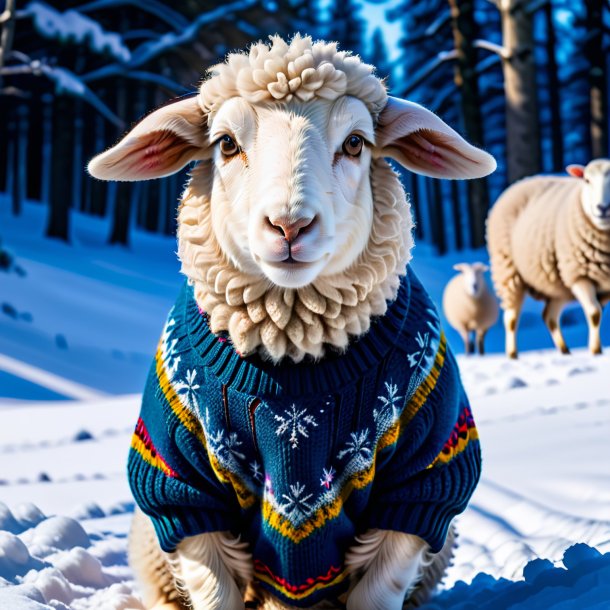 Imagen de una oveja en un suéter en la nieve