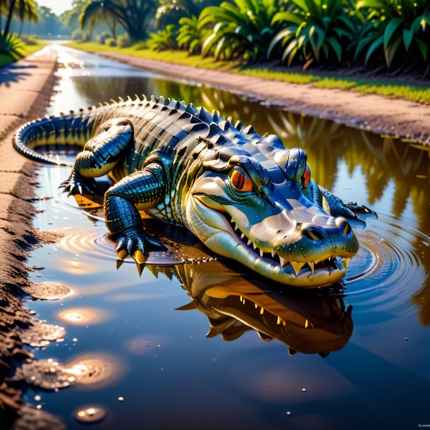 Picture of a drinking of a alligator in the puddle