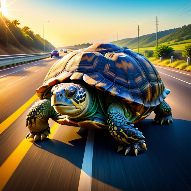 Drawing of a tortoise in a belt on the highway