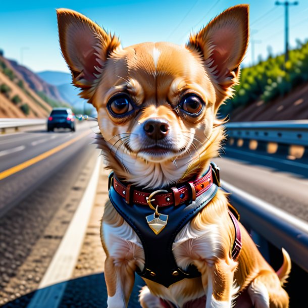 Photo d'un chihuahua dans une ceinture sur l'autoroute