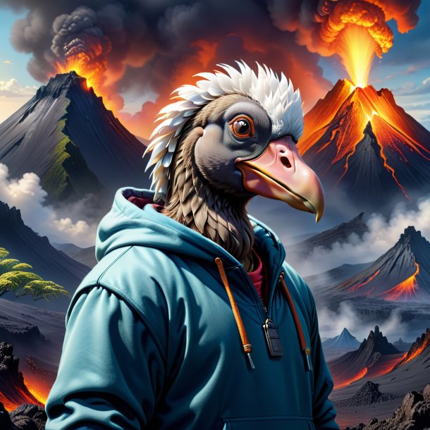 Drawing of a dodo in a hoodie in the volcano