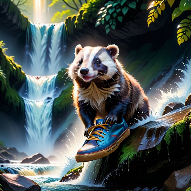 Photo of a badger in a shoes in the waterfall