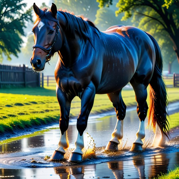 Photo of a horse in a jeans in the puddle