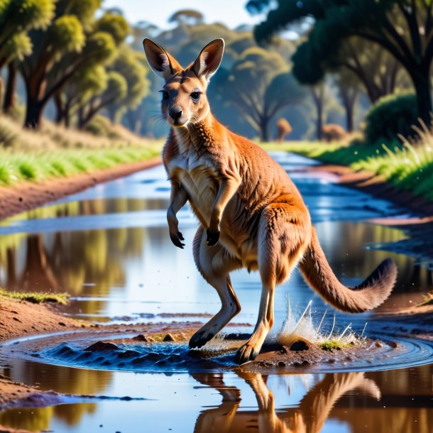 Picture of a jumping of a kangaroo in the puddle