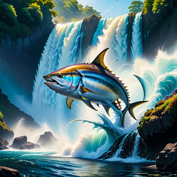 Photo of a jumping of a tuna in the waterfall