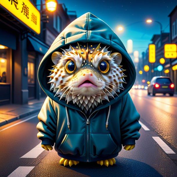 Illustration of a pufferfish in a hoodie on the road