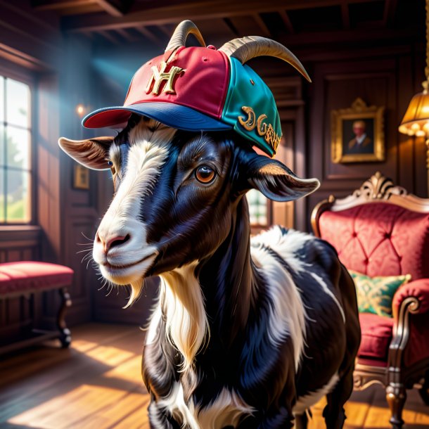 Photo d'une chèvre dans une casquette dans la maison