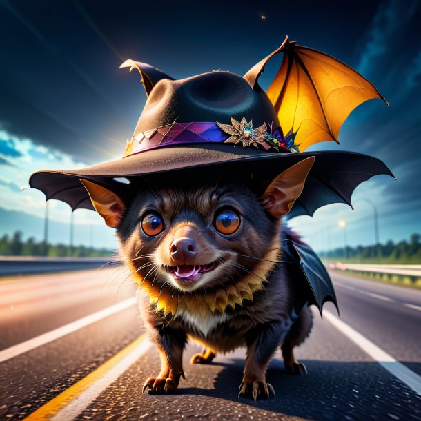 Photo of a bat in a hat on the highway