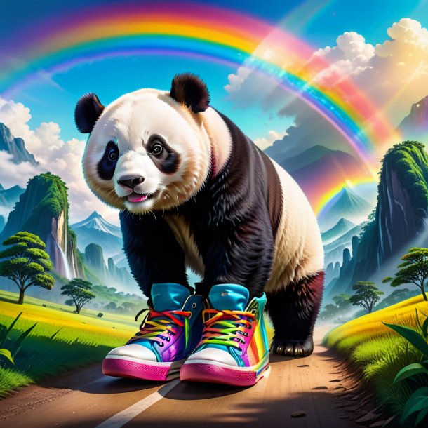 Drawing of a giant panda in a shoes on the rainbow