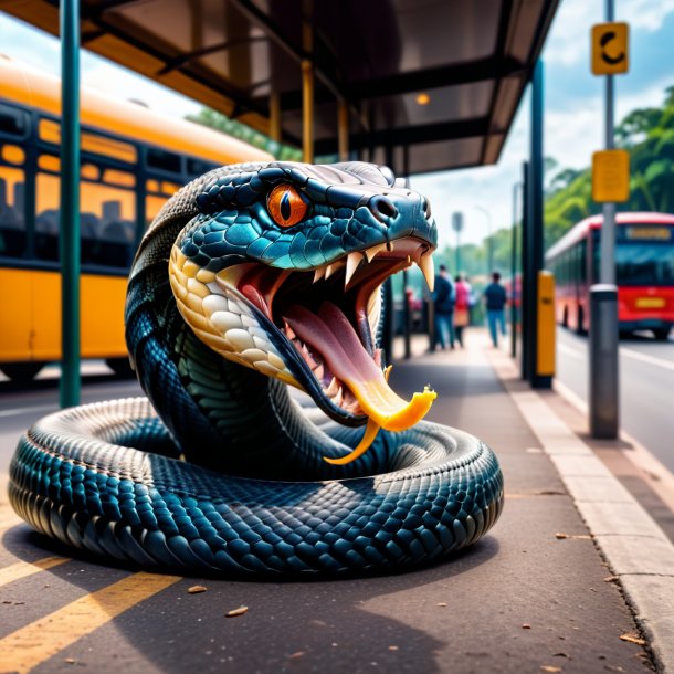 Foto de un comer de una cobra en la parada de autobús