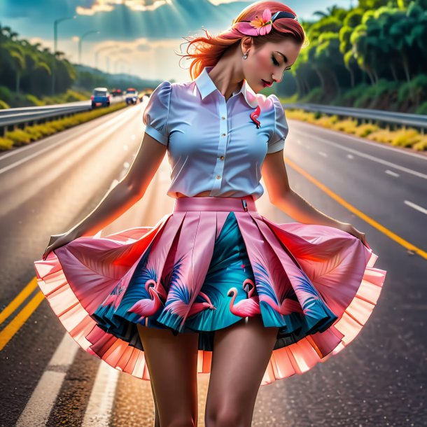 Picture of a flamingo in a skirt on the highway