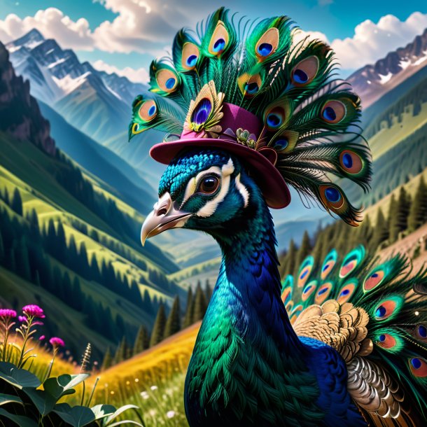 Pic of a peacock in a hat in the mountains