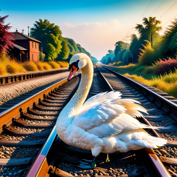 Photo of a drinking of a swan on the railway tracks