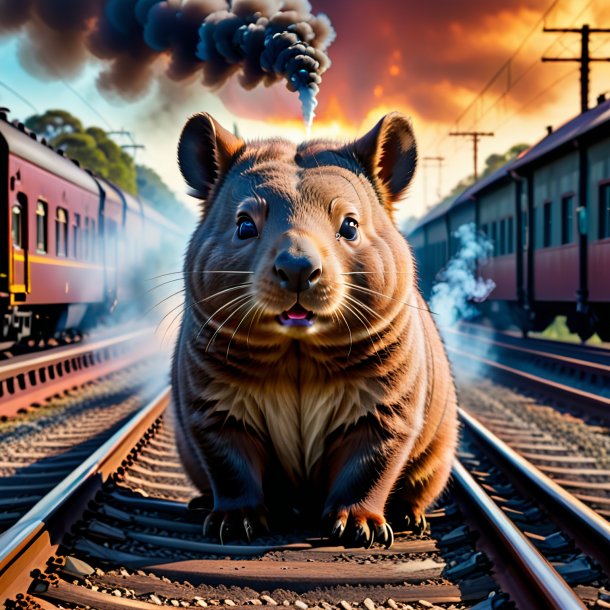 Foto de un fumar de un wombat en las vías del tren