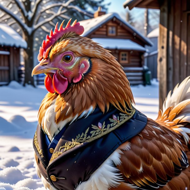 Pic of a hen in a vest in the snow