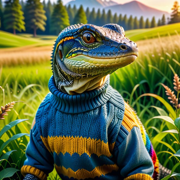 Image of a monitor lizard in a sweater in the meadow