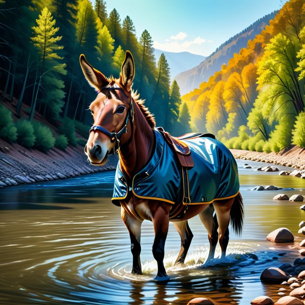 Illustration of a mule in a jacket in the river