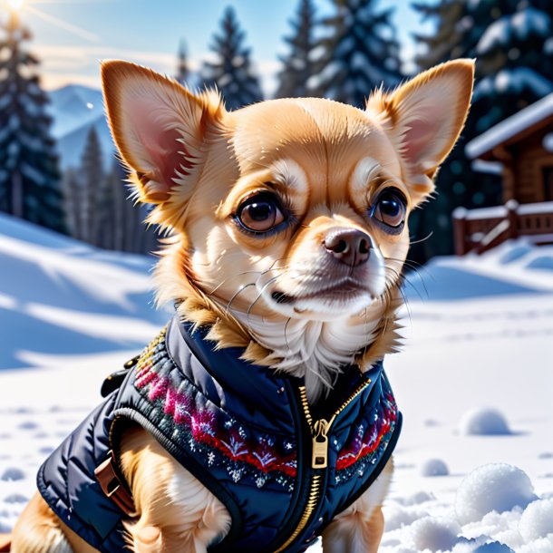 Pic of a chihuahua in a vest in the snow