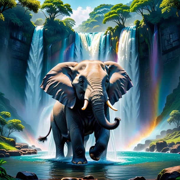 Picture of a playing of a elephant in the waterfall