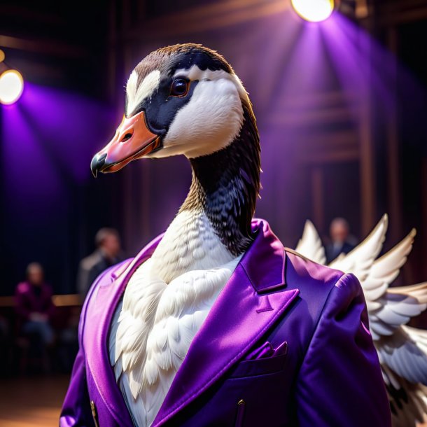 Photo of a goose in a purple jacket