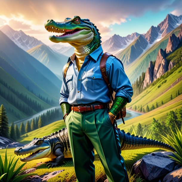 Photo of a alligator in a trousers in the mountains