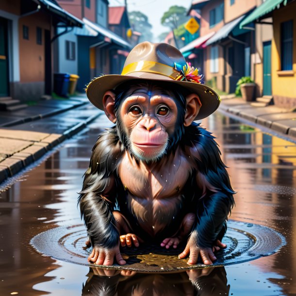 Image of a chimpanzee in a hat in the puddle