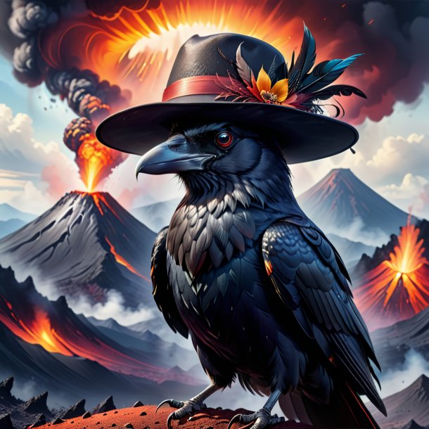 Illustration of a crow in a hat in the volcano