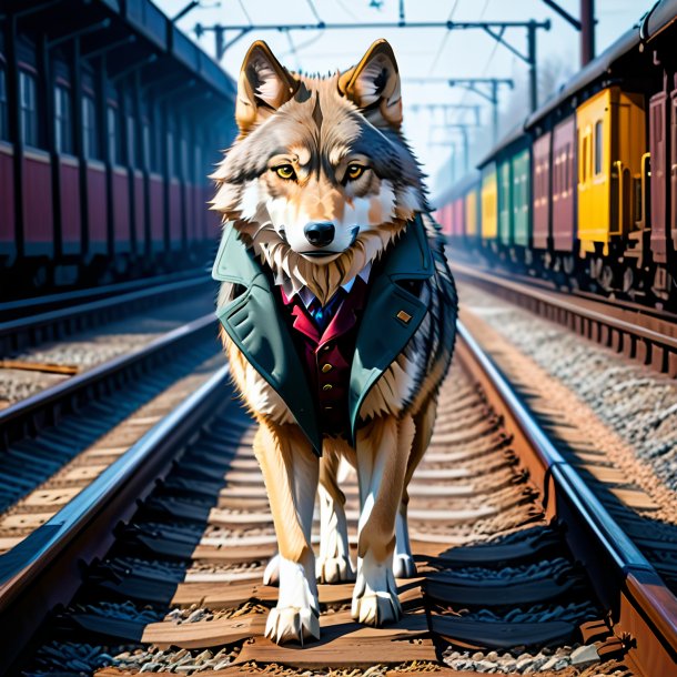 Image of a wolf in a coat on the railway tracks