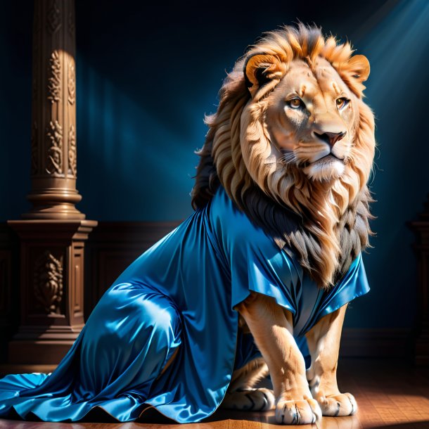 Foto de un león en un vestido azul