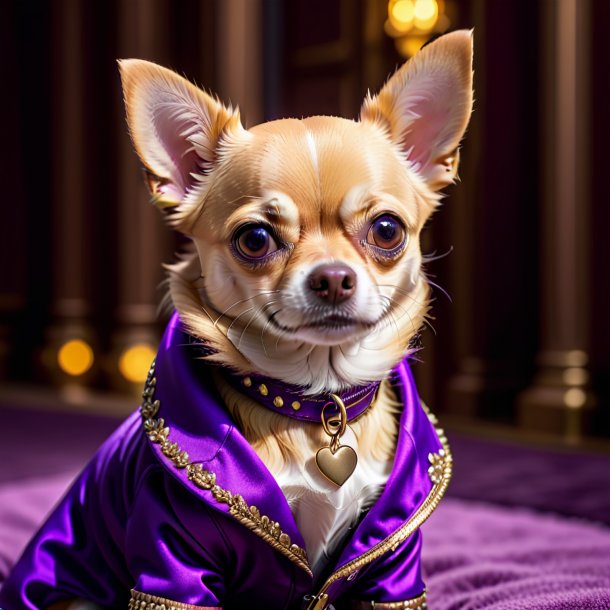 Imagem de um chihuahua em um casaco roxo