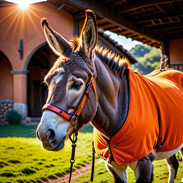 Imagem de um burro em um casaco laranja