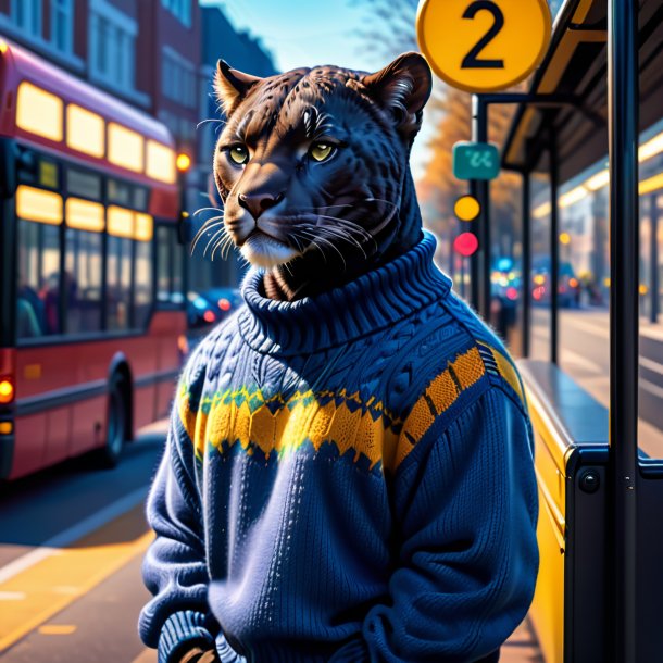 Pic of a panther in a sweater on the bus stop