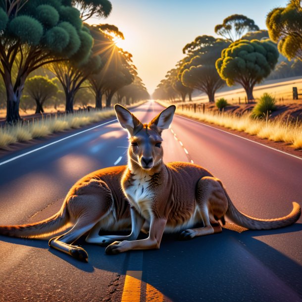 Photo of a sleeping of a kangaroo on the road