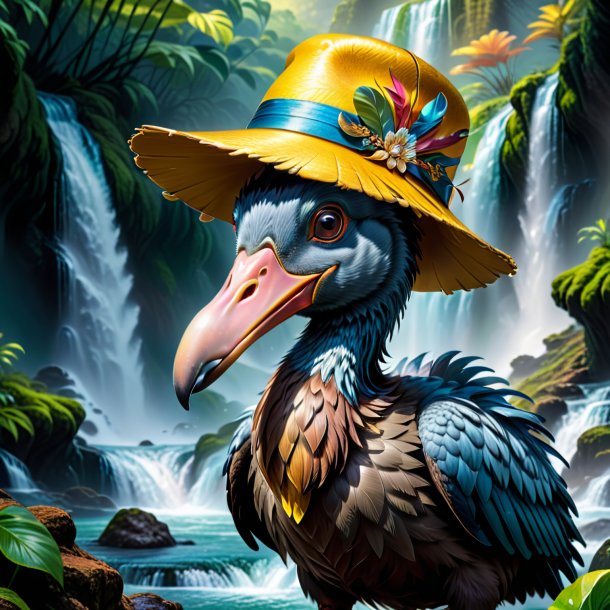 Drawing of a dodo in a hat in the waterfall