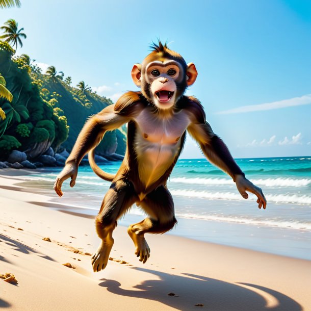 Image of a jumping of a monkey on the beach