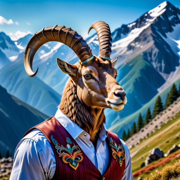 Photo of a ibex in a vest in the mountains