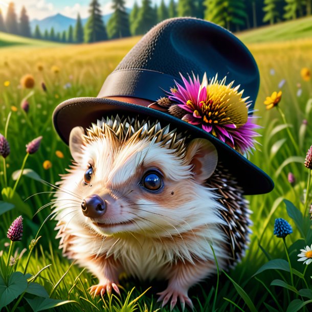 Illustration of a hedgehog in a hat in the meadow