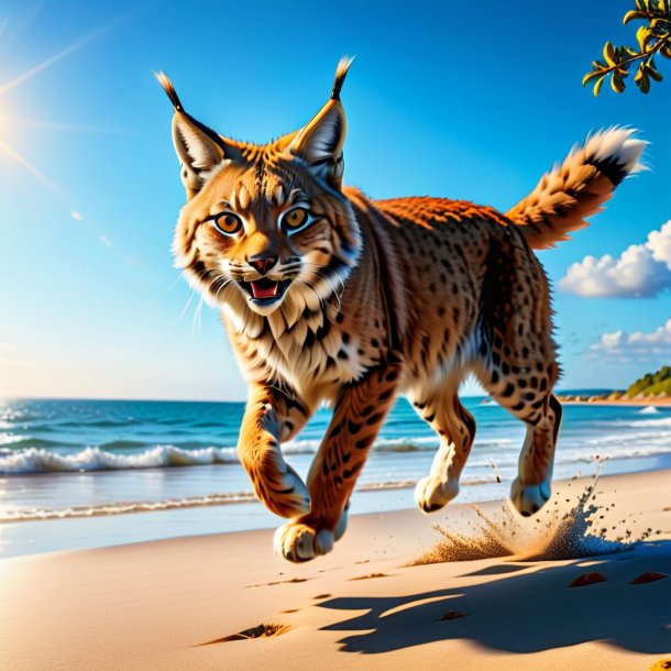 Photo of a jumping of a lynx on the beach