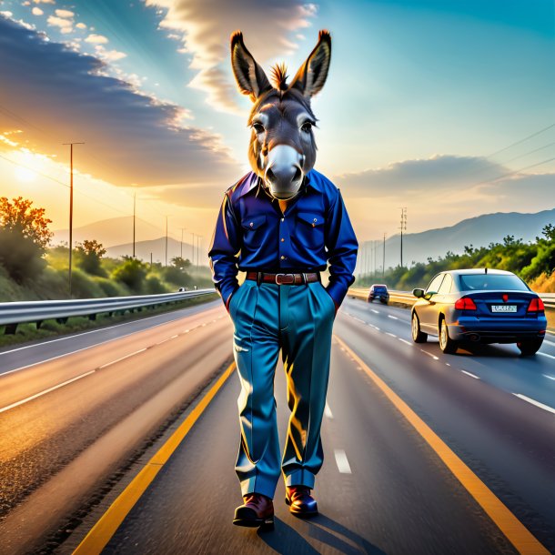 Image of a donkey in a trousers on the highway