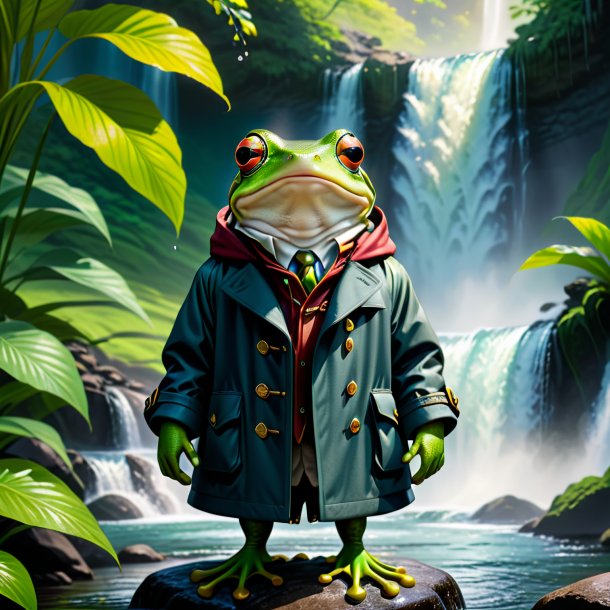 Illustration of a frog in a coat in the waterfall