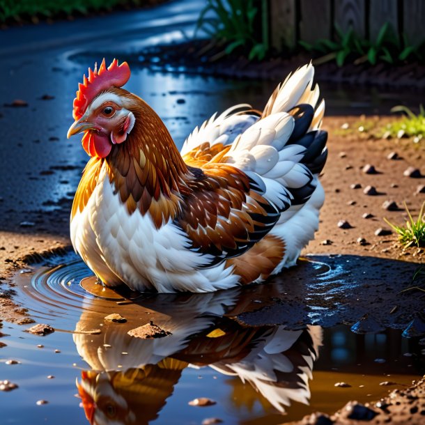 Foto de un descanso de una gallina en el charco