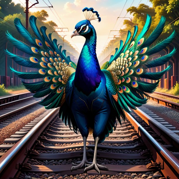 Ilustração de um pavão em um jeans nos trilhos ferroviários