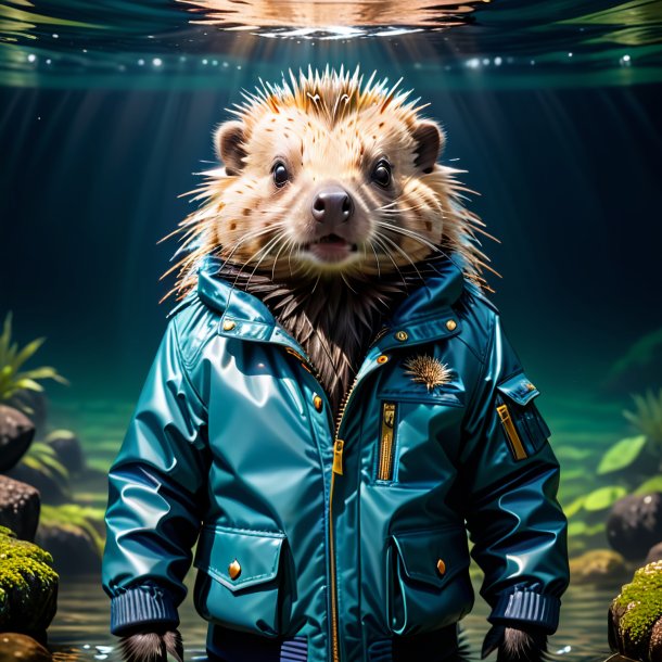 Image of a porcupine in a jacket in the water