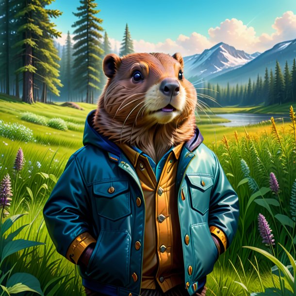 Drawing of a beaver in a jacket in the meadow